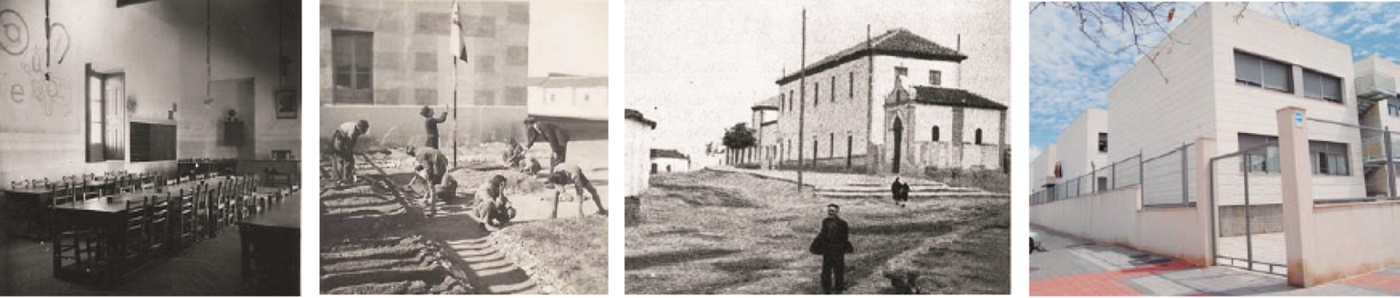 De izda. a dcha., una clase de El Santo en su origen; niños en el patio de colegio; El Santo en 1926 junto a la ermita de San Sebastián; y el centro, hoy.
