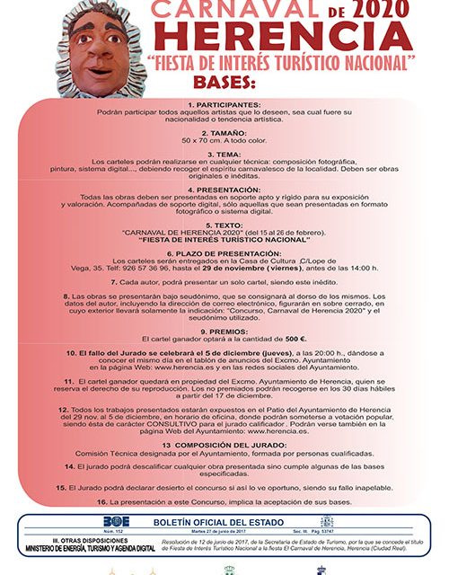 Abierto el plazo para la presentación de propuestas del Cartel de Carnaval de Herencia 2020